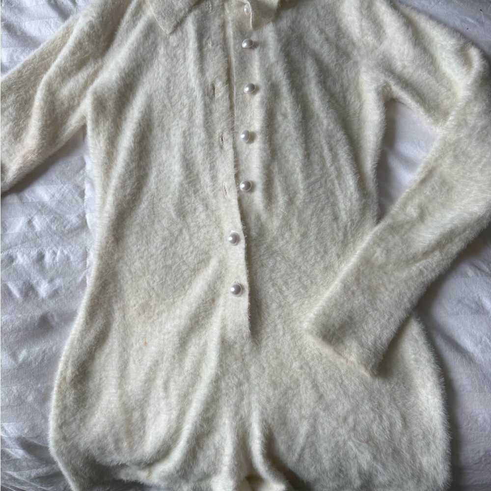Cream Button-Front Fuzzy Women's Sweater